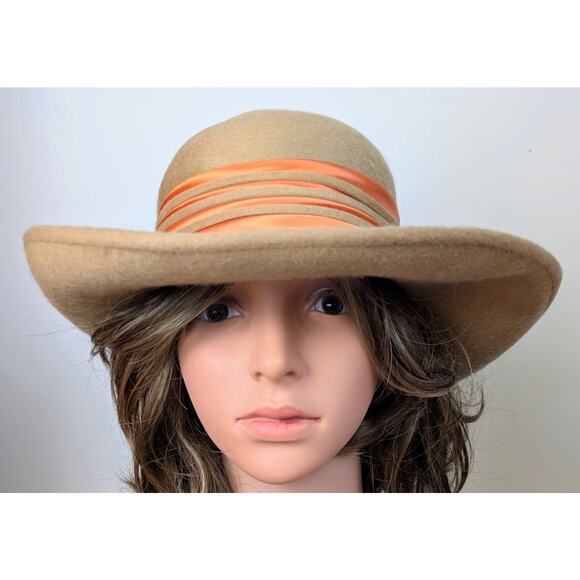 Vintage 1960s Sylvia Bollman Excello Wool Hat Camel w/ Orange Satin Band USA - Picture 3 of 13